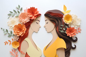 Two women in profile created from paper art, with flowing hair adorned with elegant paper flowers. For greeting card, website scontent for arts,crafts workshops.