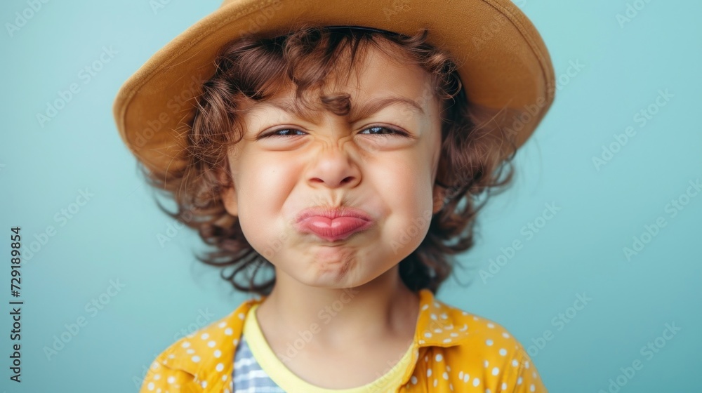 Wall mural A young child with curly hair wearing a brown hat making a playful puckered face and dressed in a yellow and white polka dot shirt.