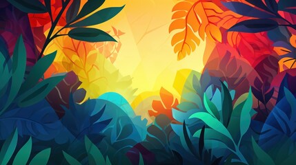 Fototapeta na wymiar Vibrant Tropical Foliage Illustration With Colorful Sunset Background, wallpaper, copy space