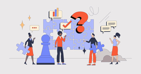 Creative thinking games and intellectual challenges retro tiny person concept. Think strategy and best solution for complex maze or puzzle vector illustration. Strength of teamwork and cooperation.