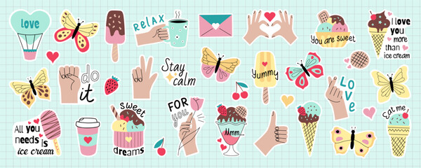 Set of cute vector stickers for daily planner and journal. Collection of scrapbooking design elements: hand gesture, butterfly, ice-cream, motivational phrases