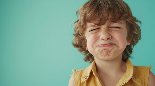 A young child with a puckered face making a funny expression against a vibrant blue background.