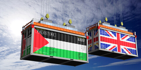 Shipping containers with flags of Palestine and United Kingdom - 3D illustration