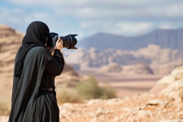 lady in abaya photographing desert landscape