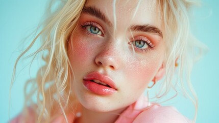 Fototapeta premium Closeup portrait of a stunning blonde in pastel attire and glittery makeup.