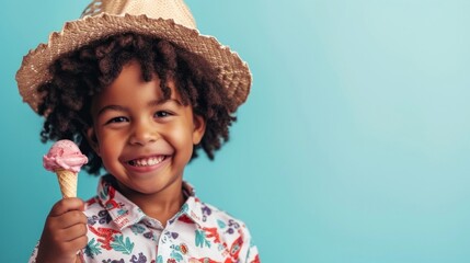 A joyful young child with curly hair wearing a straw hat holding a pink ice cream cone and smiling against a light blue background.