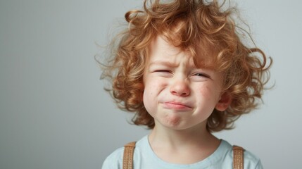 A young child with curly red hair making a pouty face with closed eyes against a neutral background.