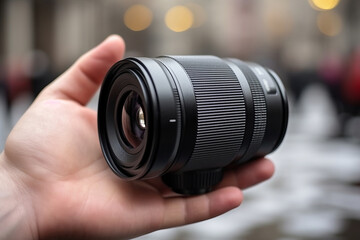 Fototapeta na wymiar Camera lens in the hand of a man on a blurred background.