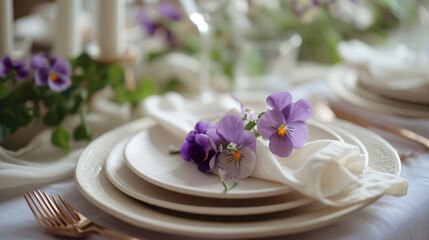 Obraz na płótnie Canvas Spring table setting with viola flower