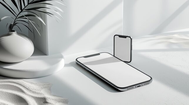 minimalistic space aesthetic, phone mockup, shapes, white, high quality photo.