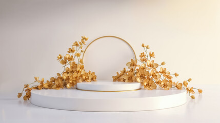 podium vide avec des orchidées dorées autour