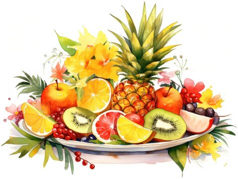 Watercolor Painting of a Plate of Fruit. Card. White background.