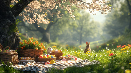 Easter picnic under a blossoming tree. Playful bunny hops nearby. - obrazy, fototapety, plakaty