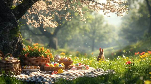 Easter picnic under a blossoming tree. Playful bunny hops nearby.