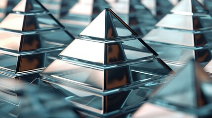 Group of Reflective Glass Pyramids Stacked on Top of Each Other,  Patterned Display. Background, silver wallpaper.