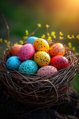 Fototapeta na wymiar Nest with easter eggs on grass on a sunny spring day - Easter decoration, banner, panorama, background, wallpaper.