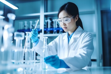 Asian female scientific. Research. Science. Investigation for the future. Pharmacy. Medicine. Asian female scientist holding a test tube with a solution in gloves in a research lab.