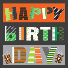 Happy birthday card design with colorful lettering ad gifts