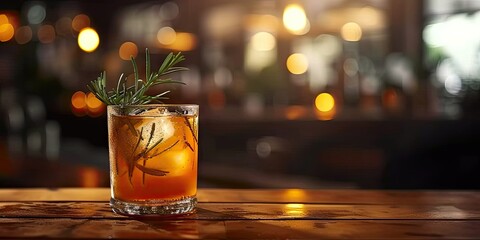 Elegant cocktail with rum and sprig of rosemary served in glass on rustic wooden table in cozy cafe with softly blurred background drink blend of refreshing citrus and aromatic herbs
