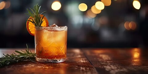 Elegant cocktail with rum and sprig of rosemary served in glass on rustic wooden table in cozy cafe with softly blurred background drink blend of refreshing citrus and aromatic herbs - obrazy, fototapety, plakaty