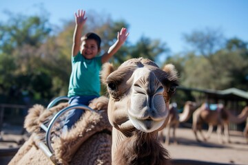 child waving from atop a camel in a safari park