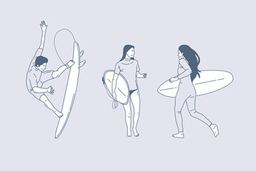Set of outline illustrations of surfing sports activities
