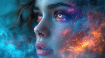 beautiful fantasy abstract portrait of a beautiful woman double exposure with a colorful digital paint splash or space nebula 