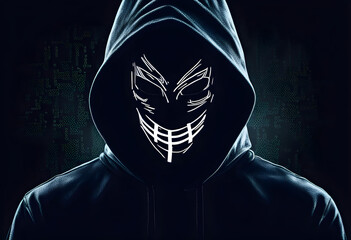Dangerous hooded hacker in mask. Internet, cyber
