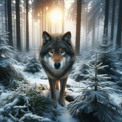 A wolf's muzzle and body in a snowy forest with sun or moon