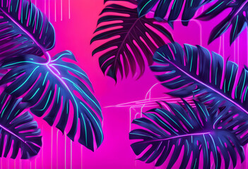 Fototapeta na wymiar Neon monstera palm leaves background concept.