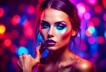 Fashion model woman in colorful bright lights