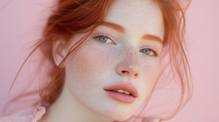 Red-haired beauty's natural elegance shines in studio portrait.