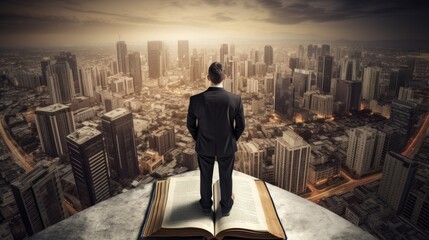 Man Standing on Book With City in Background