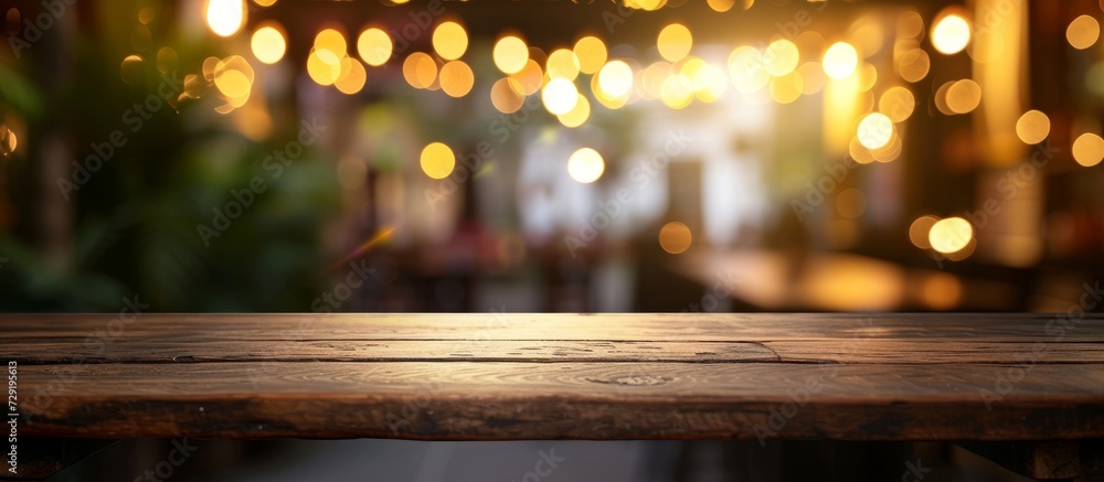Poster blurred cafe golden bokeh provides backdrop for product display on empty table.
