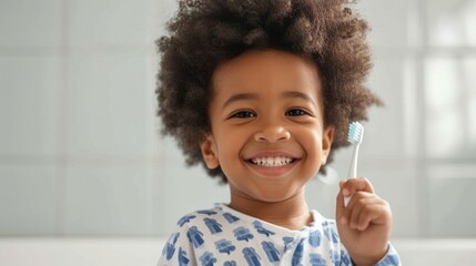 A young child with curly hair wearing a blue pajamas with a pattern smiling brightly and holding a toothbrush suggesting a moment of dental hygiene routine. - obrazy, fototapety, plakaty