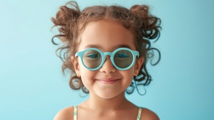 A young girl with curly hair wearing large round blue sunglasses and a sleeveless top smiling against a light blue background.