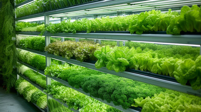 Fresh lettuce plants flourishing in hydroponic farm with energy-efficient LED lighting, showcasing modern agriculture.