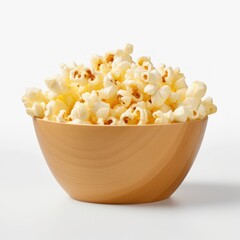 Wooden Bowl of Popcorn on White Background