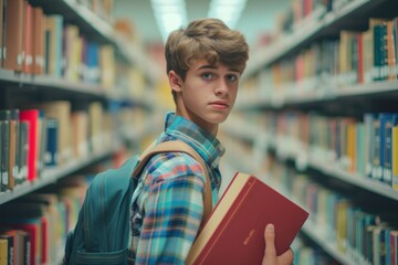 Portrait of a young smart boy holding books in a university library.