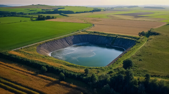 une m&eacute;ga bassine en cours de remplissage ou presque vide, vue depuis un drone