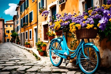 Fototapeta na wymiar Blue bike with purple and yellow flowers on the streets of Rovinj