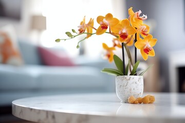 a close-up of a blooming orchid on a white coffee table