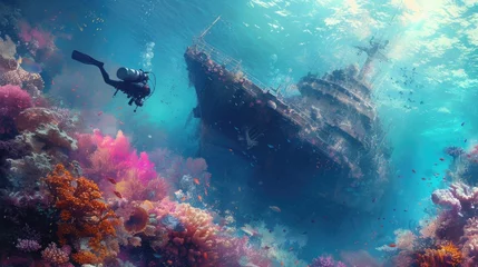 Foto op Aluminium A scuba diver floats near a coral reef, a sunken ship in the background. The water is clear, and the colors of the reef are vibrant. © Татьяна Креминская