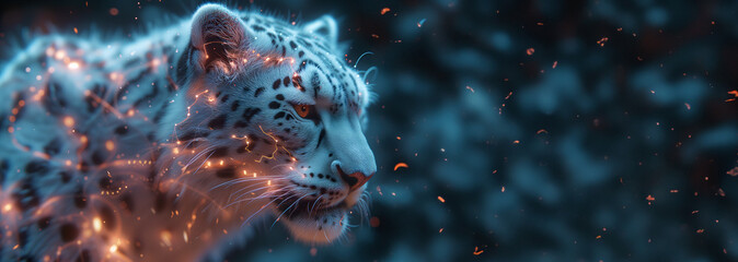 Futuristic snow leopard banner. Energized snow leopard. Electrified snow leopard. Banner. Animal banner. Digital snow leopard. Sci-fi banner. Cybersecurity animal. - obrazy, fototapety, plakaty