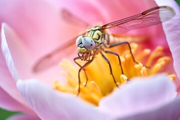 close-up image of a dragonfly on a blooming pink peony