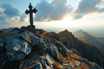 Christian religious cross on mountain, symbol of faith, night clouds background, lightning. AI generated.