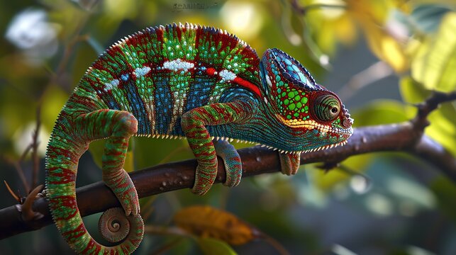 Chameleon in tree. image of animal. copy space for text.