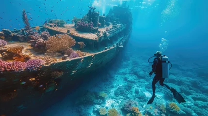 Keuken spatwand met foto A scuba diver floats near a coral reef, a sunken ship in the background. The water is clear, and the colors of the reef are vibrant. © Татьяна Креминская