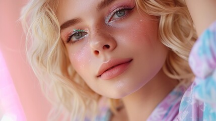A gorgeous blonde woman in closeup, donning pastel clothes and colorful glitter makeup.