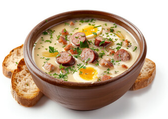 Polish white borscht, creamy Easter soup with sausage and eggs, close-up view at an angle of 45 degrees, on a white background, food photography. Easter celebration concept and festive products